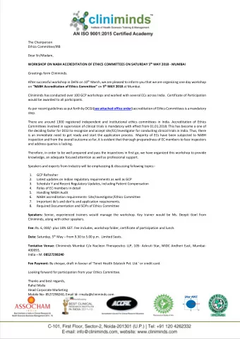 The Chairperson Ethics Committee/IRB Dear Sir/Madam, WORKSHOP ON NABH ACCREDITATION OF ETHICS