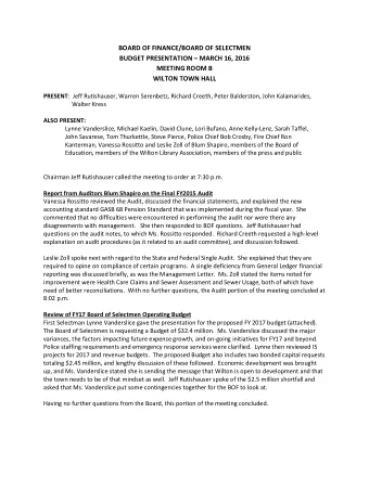 BOARD OF FINANCE/BOARD OF SELECTMEN  BUDGET PRESENTATION  MARCH 16, 2016  MEETING ROOM B  WILTON