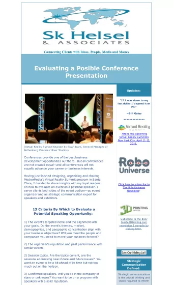 Evaluating a Posible Conference  Presentation  Updates:  &quot;If I was down to my  last dollar I'd