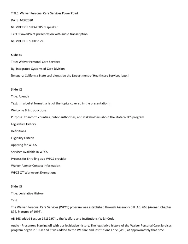 title waiver personal care services powerpoint date 6 3
