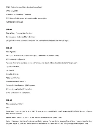 TITLE: Waiver Personal Care Services PowerPoint  DATE: 6/3/2020  NUMBER OF SPEAKERS: 1 speaker