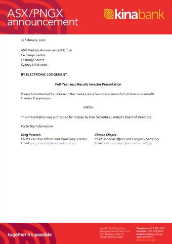 27 February 2020  ASX Markets Announcement Office  Exchange Centre  20 Bridge Street Sydney NSW