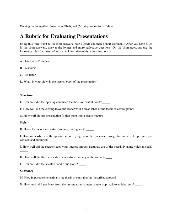 a rubric for evaluating presentations