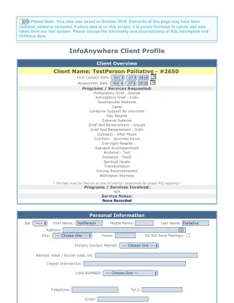 InfoAnywhere Client Profile  Client Overview  Client Name: TestPerson Palliative  #2650  First