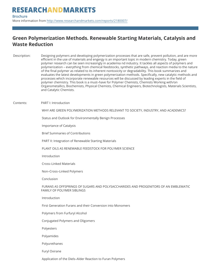 green polymerization methods renewable starting materials