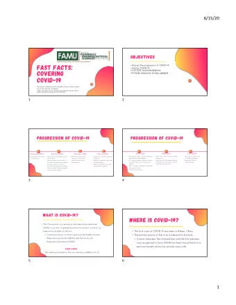 FAST FACTS:   Discuss the progression of COVID-19   Explain COVID-19   List CDC