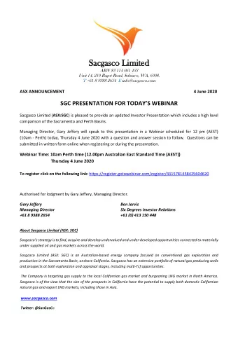 Sacga  gasco L  Limi  mite  ted  ABN 83 114 061 433  Unit 14, 210 Bagot Road, Subiaco, WA, 6008.  T