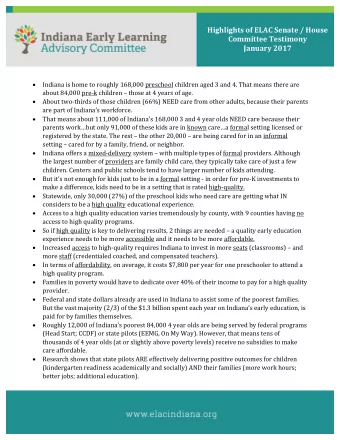 Highlights of ELAC Senate / House  Committee Testimony January 2017  Indiana is home to roughly