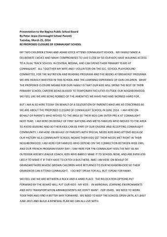 Presentation to the Regina Public School Board By Peter Joyce (Connaught School Parent) Tuesday,