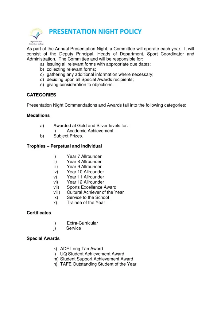 presentation night policy