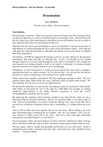 Presentation  Alex Baldock  Chief Executive Officer, Dixons Carphone  Alex Baldock:  Good morning