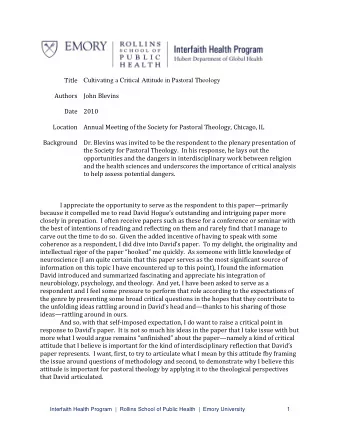 Title  Cultivating a Critical Attitude in Pastoral Theology  Authors John Blevins  Date  2010