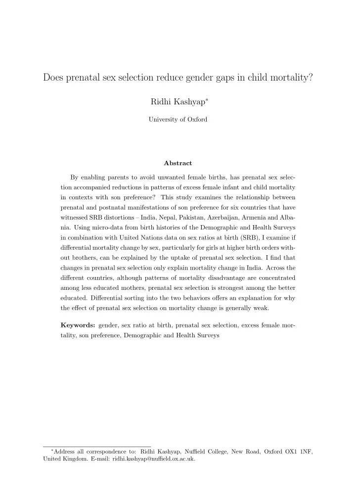 does prenatal sex selection reduce gender gaps in child
