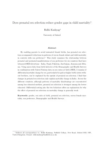 Does prenatal sex selection reduce gender gaps in child mortality? Ridhi Kashyap   University of