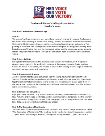 Condensed Women's Suffrage Presentation  Speakers Notes Slide 1: 19 th Amendment Centennial logo