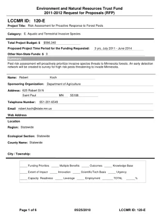 LCCMR ID: 120-E  Project Title:  Risk Assessment for Proactive Response to Forest Pests  Category: