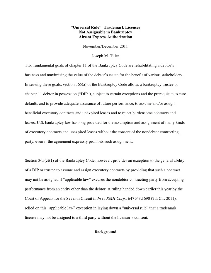 universal rule trademark licenses not assignable in