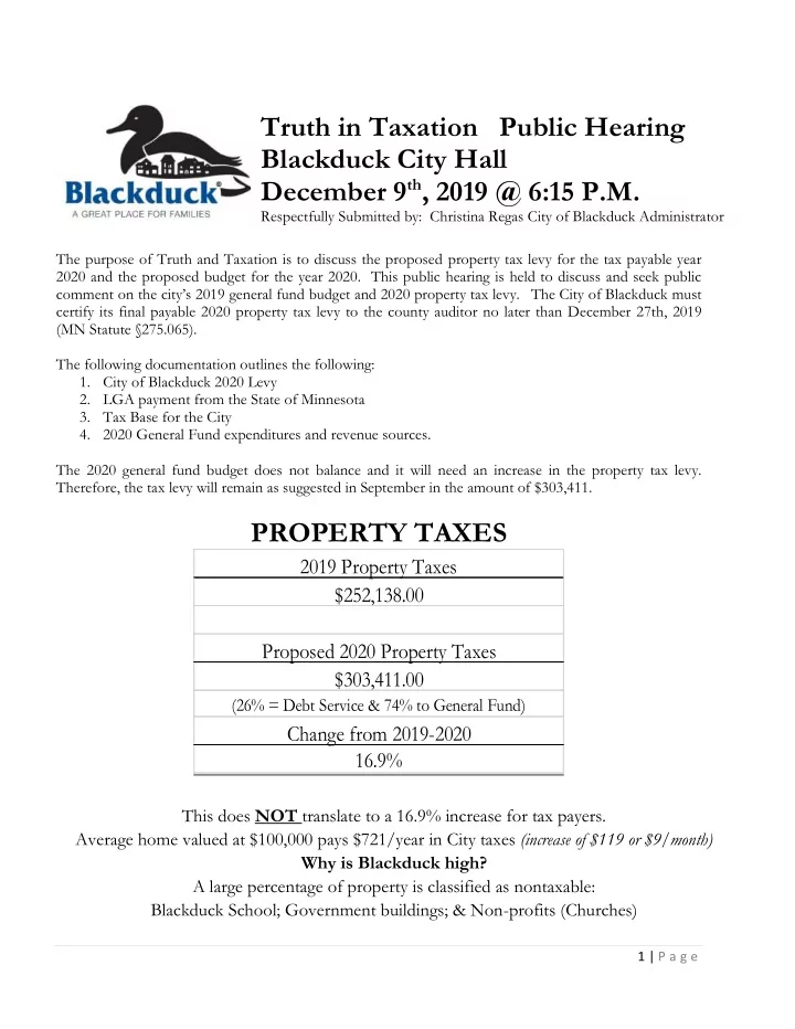 truth in taxation public hearing blackduck city hall