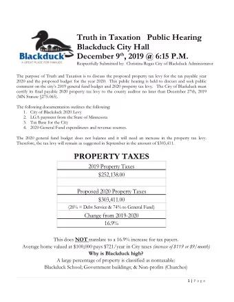 Truth in Taxation   Public Hearing  Blackduck City Hall December 9 th , 2019 @ 6:15 P.M.