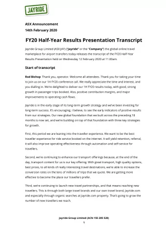 FY20 Half-Year Results Presentation Transcript Jayride Group Limited (ASX:JAY) (