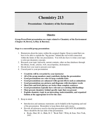 Chemistry 213 Presentations:  Chemistry of the Environment  Objective  Group PowerPoint