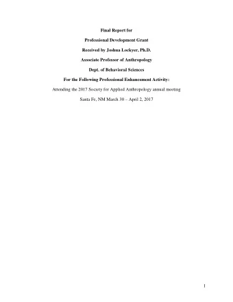 Final Report for  Professional Development Grant  Received by Joshua Lockyer, Ph.D.  Associate
