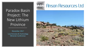 Paradox Basin  Project: The  New Lithium  Province  November 2017  Low Emission &amp; Technology