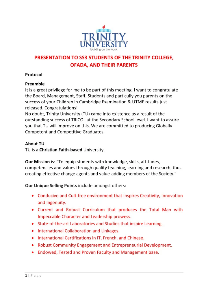 presentation to ss3 students of the trinity college ofada