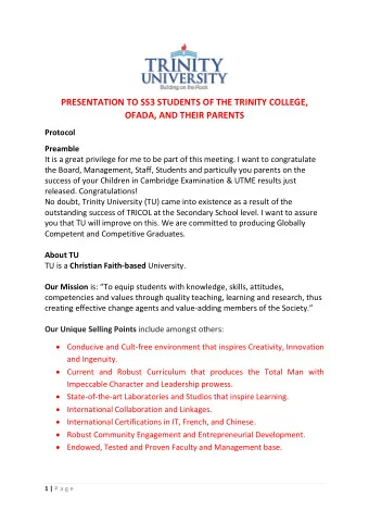 PRESENTATION TO SS3 STUDENTS OF THE TRINITY COLLEGE,  OFADA, AND THEIR PARENTS  Protocol  Preamble
