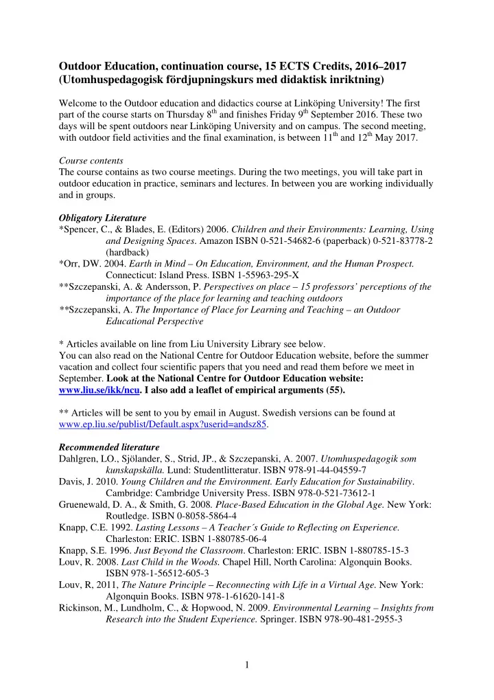 outdoor education continuation course 15 ects credits