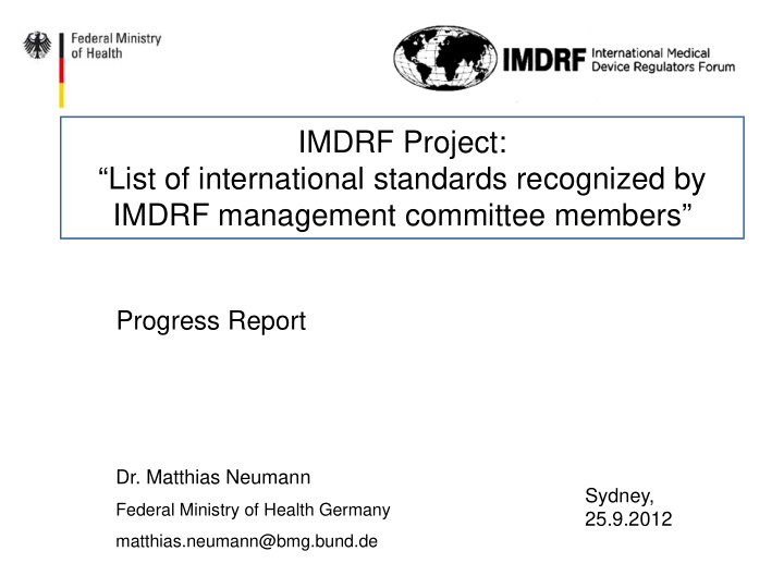 imdrf project list of international standards recognized