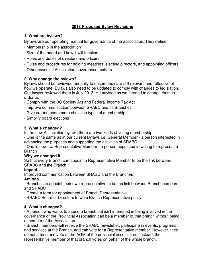 2013 proposed bylaw revisions 1 what are bylaws bylaws