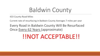 Baldwin County  433 County Road Miles  Current rate of resurfacing in Baldwin County Averages 7