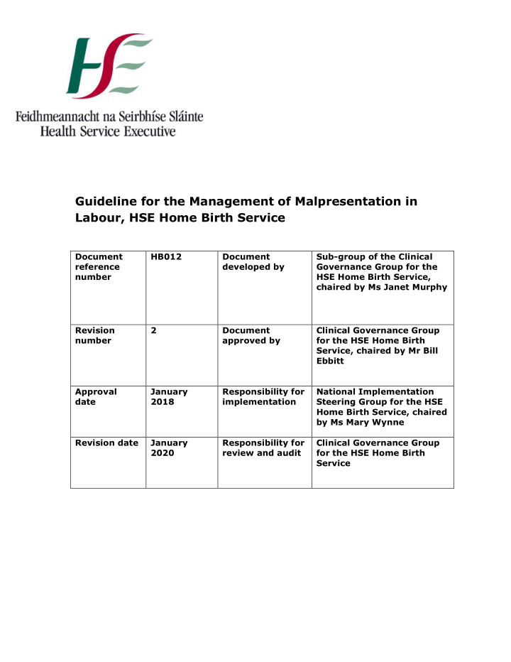 guideline for the management of malpresentation in labour