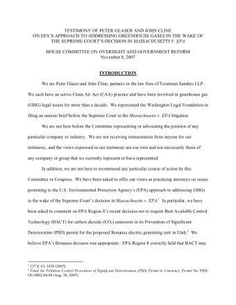 TESTIMONY OF PETER GLASER AND JOHN CLINE  ON EPAS APPROACH TO ADDRESSING GREENHOUSE GASES IN THE