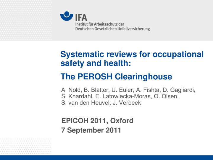 systematic reviews for occupational safety and health the