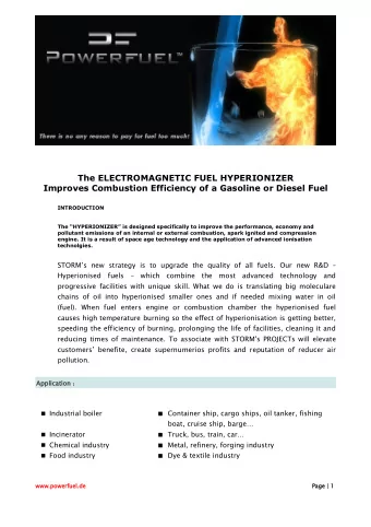 The ELECTROMAGNETIC FUEL HYPERIONIZER  Improves Combustion Efficiency of a Gasoline or Diesel Fuel