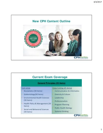 New CPH Content Outline  Current Exam Coverage  General Principles (25 items) Core areas Cross
