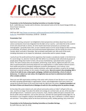 Presentation to the Parliamentary Standing Committee on Canadian Heritage  By Dr. Judith Marcuse,