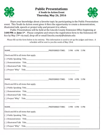 Public Presentations A Youth - In - Action Event Thursday, May 26, 2016  Share your knowledge about