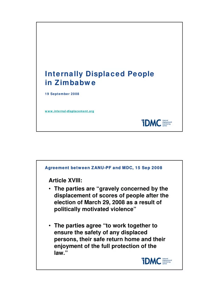 internally displaced people in zimbabw e