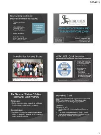 Workshop Goal  Commu  munity Grant  nt Program  gram  Goal: Prepare community organizations to