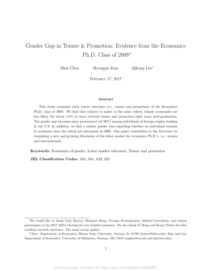 gender gap in tenure promotion evidence from the economics