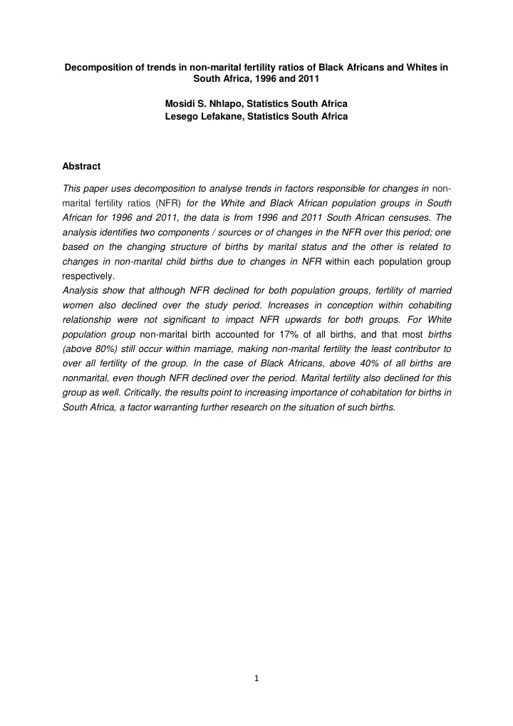 decomposition of trends in non marital fertility ratios