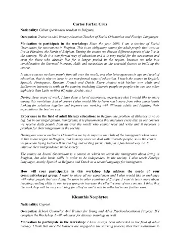 Carlos Farfan Cruz Nationality: Cuban (permanent resident in Belgium) Occupation: Trainer in adult