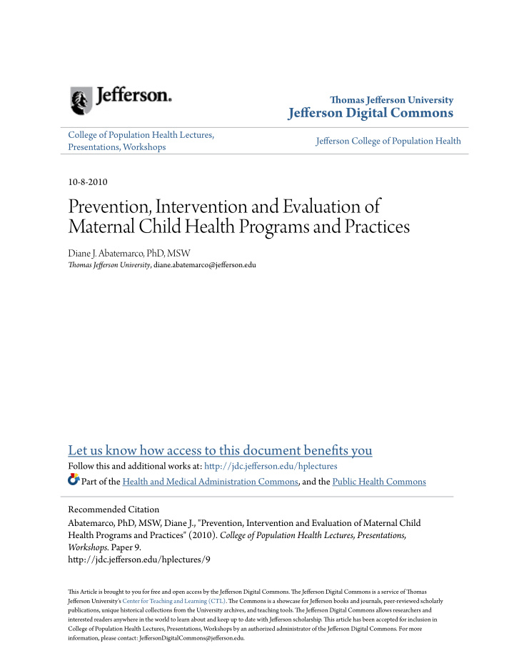 prevention intervention and evaluation of maternal child