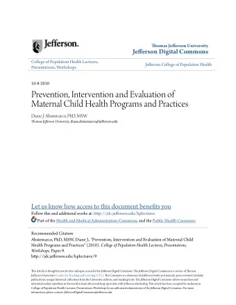 Prevention, Intervention and Evaluation of  Maternal Child Health Programs and Practices  Diane J.