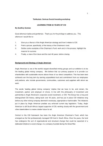 Tshikululu: Serious Social Investing workshop  LEARNING FROM 40 YEARS OF CSI  By