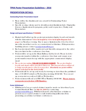 TPHA Poster Presentation Guidelines  2016 PRESENTATION DETAILS: Outstanding Poster Presentation