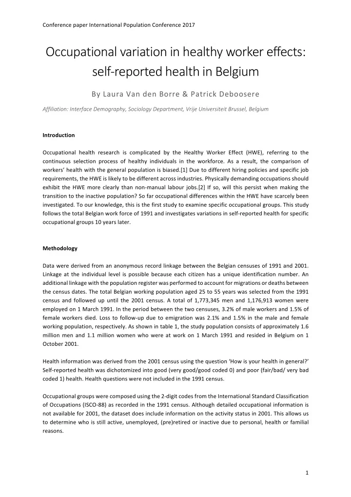 occupational variation in healthy worker effects self